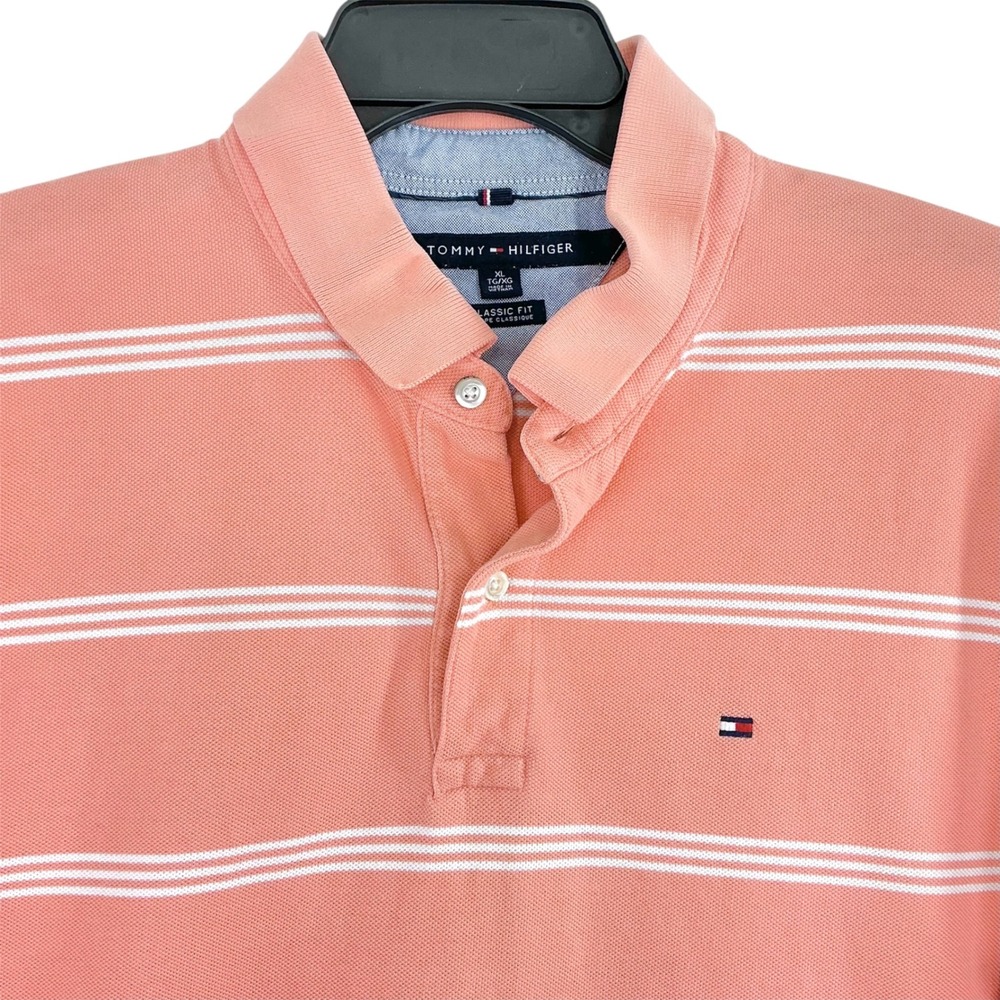 Tommy Hilfiger Men's XL Classic Fit Peach/Coral Stripe Polo Shirt Cotton Logo